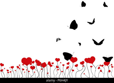 Champ fleuri avec des coeurs rouges et noires silhouettes de papillons volant isolé sur fond blanc. Saint Valentin carte postale floral fantaisie avec co Banque D'Images