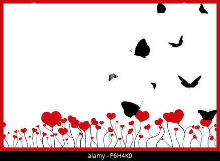 Champ fleuri avec des coeurs rouges, battant silhouettes noires de papillons et cadre rouge isolé sur fond blanc. Carte postale fantaisie Saint Valentin Banque D'Images