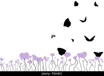 Champ en fleurs de violette et coeurs battant silhouettes noires de papillons isolé sur fond blanc. Saint Valentin carte postale avec floral fantaisie Banque D'Images