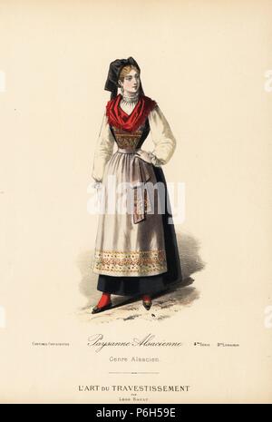 Fancy dress costume pour un Alsacien de paysan, cachemire robe brodée, corsage de velours mousseline et tablier. Lithographie coloriée après un dessin par Léon Sault de 'L'Art du travestissement" (l'Art de fantaisie), Paris, 1880. Sault a été un théâtre et opéra, concepteur et éditeur de magazine de mode de luxe. Banque D'Images