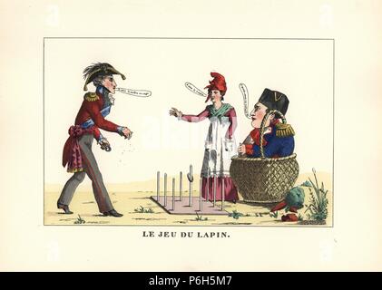 Le jeu de foire de quoits ou hoopla, jeu du lapin, 1815. Imprimer satirique en montrant le duc de Wellington gagner Napoléon Bonaparte comme le prix. Lithographie coloriée de Henry René d'Allemagne's Sports et jeux d'adresse (Sports et jeux d'adresse), Librairie Hachette, Paris, 1903. Banque D'Images