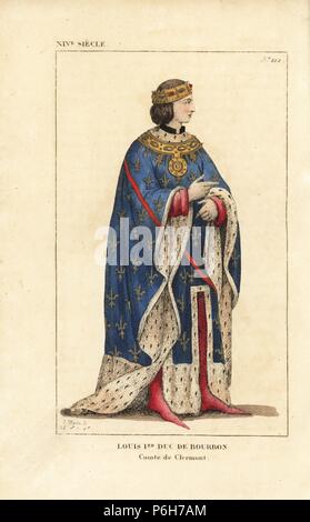 Louis, duc de Bourbon, 1279-1342. Il est indiqué dans des robes de cérémonie, une cape dans les armes de France (trois fleurs de lys d'or sur azur, baton de gueules) bordé d'hermine. La couronne et collier avec pierres précieuses sont inhabituels. D'un ancien armorial d'Auvergne dans la collection de Gaignieres. Dessiné et gravé sur cuivre coloriée par Léopold Massard de 'Costumes français du roi Clovis à nos jours,' Massard, Mifliez, Paris, 1834. Banque D'Images