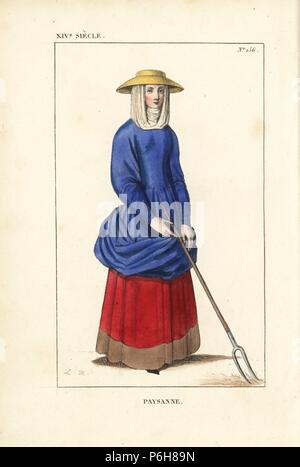 Paysan français, 14ème siècle. Elle porte un chapeau de paille, guimpe ou guimpe, bleu robe sur le jupon de laine rouge avec bordure en velours. Elle porte une pioche. Dessiné et gravé sur cuivre coloriée par Léopold Massard de 'Costumes français du roi Clovis à nos jours,' Massard, Mifliez, Paris, 1834. Banque D'Images