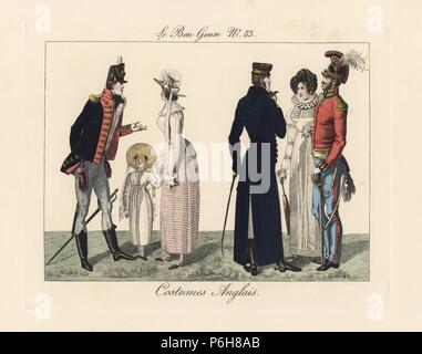 Français Mode et d'uniformes militaires, 1815. Une femme sur la bonne porte d'influence française de la mode, tout en parlant avec un hussard et de dragons. Gravure coloriée de Pierre de la Mesangere's Le Bon Genre, Paris, 1817. Banque D'Images