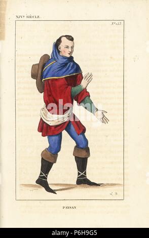 Paysan français, 14ème siècle. Il porte un chapeau à large bord, le masque, doublet, culottes et bottes. Dessiné et gravé sur cuivre coloriée par Léopold Massard de 'Costumes français du roi Clovis à nos jours,' Massard, Mifliez, Paris, 1834. Banque D'Images