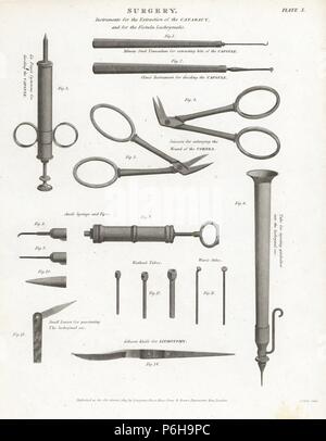 Le matériel chirurgical pour l'extraction de la cataracte et de la fistule n'Lachrymalis : minute Pozzi en acier, Cline's instrument, ciseaux, la seringue de l'ANEL et tuyaux, tubes, The Lancet du Wathen, Gibson's knife et tube. La gravure sur cuivre par Wilson Lowry après une illustration par J. Farey d'Abraham Rees' 'Cyclopedia ou Universal Dictionary, Londres, 1812. Banque D'Images