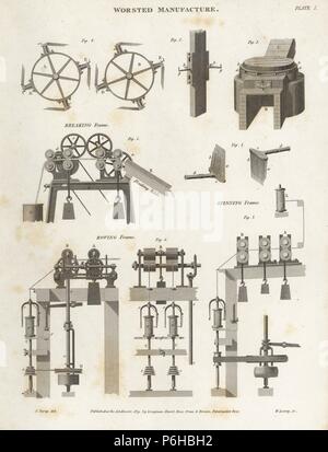 L'équipement utilisé dans la fabrication de laine peignée : briser le châssis, châssis de filature et de doublage, 18ème siècle. La gravure sur cuivre par Wilson Lowry après une illustration par J. Farey d'Abraham Rees' 'Cyclopedia ou Universal Dictionary, Londres, 1809. Banque D'Images