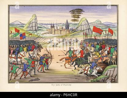 Bataille de Poitiers, 1356, entre l'anglais en vertu de l'Île-du Prince Noir et les Français sous le roi Jean II. La miniature représente les archers anglais visant à les chevaux de la cavalerie française. Lithographie coloriée après un manuscrit enluminé de Sir John Froissart's 'Chroniques de l'Angleterre, la France, l'Espagne et les pays limitrophes, à partir de la dernière partie du règne d'Édouard II pour le Couronnement d'Henri IV," George Routledge, Londres, 1868. Banque D'Images