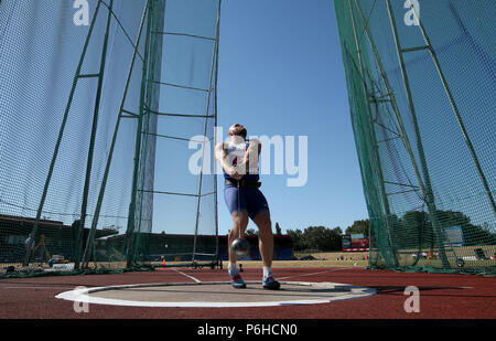 La société britannique Nick Miller en action lors de la finale au cours de la première journée du marteau de l'Athlétisme britannique Muller à Alexander Stadium, Birmingham. Banque D'Images