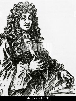 Christiaan Huygens (1629-1695). Scientifique et mathématicien néerlandais. Il est surtout connu en tant qu'astronome, physicien, horloger et probabilistes. Portrait. La gravure. Banque D'Images