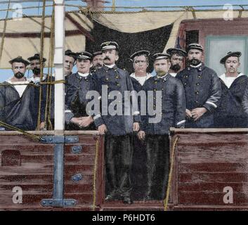 Pierre Loti, pseudonyme de Julien Viaud (1850-1923). Officier de marine et écrivain français. Pierre Loti à bord de la canonnière javelot. Gravure de Rico. La Ilustracion Espanola y Americana, 1892. De couleur. Banque D'Images