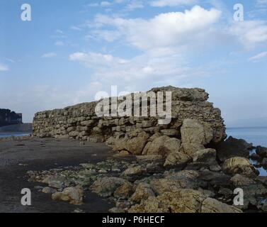 ARTE GRIEGO. ESPAÑA. HELENISTICO ESPIGON (siglos II-I a. C.). Construído poco después de la arrivée de los romanos, une causa de la intensificación del Tráfico comercial. Se encuentra en la playa de Sant Martí. Detalle. EMPURIES. Provincia de Girona. Comarca del Alt Empordà. Cataluña. Banque D'Images