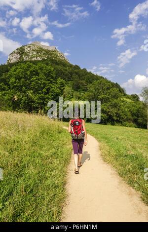 Le château de Montségur, siglo XIV, Castillo cátaro, monte Pog , Ariège, pirineos orientales, Francia, Europa. Banque D'Images