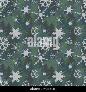 L'hiver vert forêt avec des flocons blancs modèle homogène. Maison de vacances d'hiver Modèle transparent pour le fond, d'impression, papier cadeau, et le textile. Banque D'Images