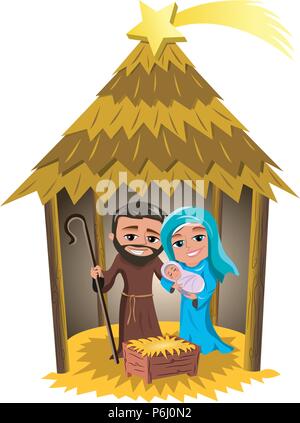 Crèche de Noël avec Joseph et Marie portant Jésus nouveau-né de dormir dans une cabane isolée Illustration de Vecteur