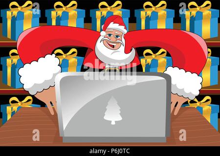 Le Père Noël moderne travaillant avec l'ordinateur de bureau à bureau Illustration de Vecteur