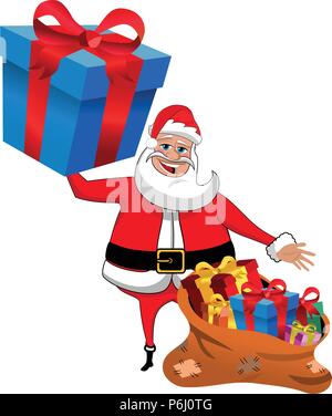 Santa Claus holding Big cartoon cadeau enveloppé montrant sac remplis de cadeaux isolated Illustration de Vecteur