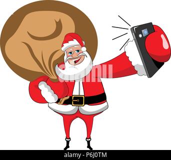 Cartoon santa claus avec grand sac en tenant avec selfies isolés smartphone Illustration de Vecteur