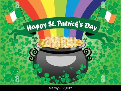 St Patrick ou Saint Patrick s jour arrière-plan avec le légendaire pot d'or à la fin de l'arc-en-ciel contre trèfles background Illustration de Vecteur