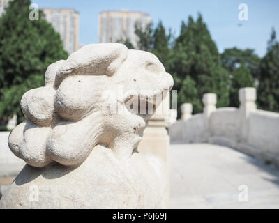 Lion en pierre blanche sur un pont qui garde l'entrée au temple de Confucius à Tianjin, Chine Banque D'Images