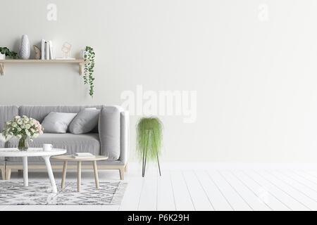 Salon maquette mur intérieur velours gris avec canapé et de plantes, de rendu 3D Banque D'Images