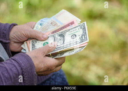 La vieille femme considère billets - mains et de l'argent fermer Banque D'Images