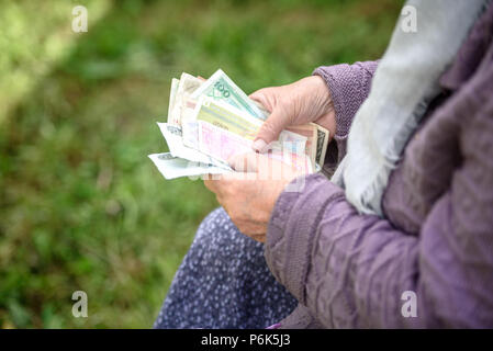 La vieille femme considère billets - mains et de l'argent fermer Banque D'Images