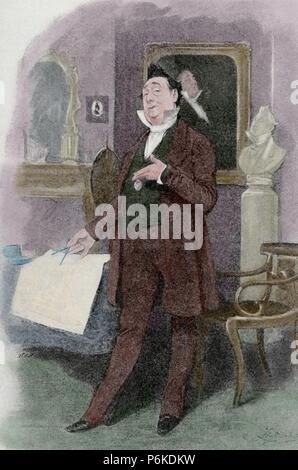 Charles Dickens (1812-1870). Illustration par Balmad. M. de caractères dans le roman Pecksniff Chuzzlewit 'Martin', 1843-1844. La Ilustracion Iberica, 1898. Gravure en couleur. Banque D'Images