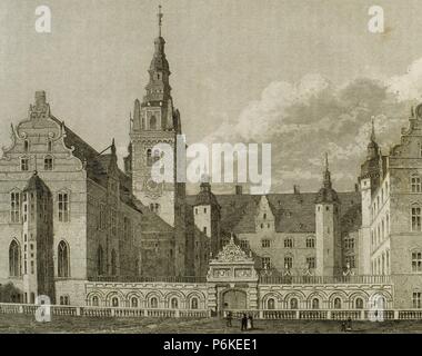 Le Danemark. Copenhague. Château de Frederiksborg, un complexe palatial à Hillerod. Il a été construit comme une résidence royale pour le roi Christian IV DE Danemark au début du 17e siècle. Façade Sud. Gravure, 1845. Banque D'Images