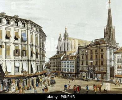 L'Autriche. Vienne. Suis Stock Eisen square à côté de la cathédrale St Stephen (1779). Gravure couleur par Carl Schutz. Banque D'Images