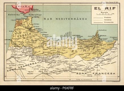 España. Carte de El Rif, con los límites de las colonias españolas en el Norte de África en los años 1920. Banque D'Images