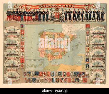 Mapa de España en 1898 con los escudos de las provincias, República de los mayores y escuadra ejércitos de guerra de la época. Banque D'Images