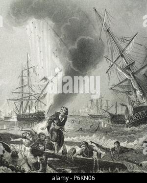 Bataille de Navarin. 20 octobre 1827. Guerre d'Indépendance grecque (1821-32). Coast Péloponnèse. Belligérants : les forces alliées des Français, britannique et russe contre l'Empire Ottoman. La victoire des Alliés. La gravure. 19e siècle. Banque D'Images