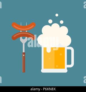Beer mug avec de la mousse et des saucisses sur une fourchette. Barbecue saucisse sur la fourchette. Saucisse grillée. Vector illustration design plat. Isolées. Illustration de Vecteur