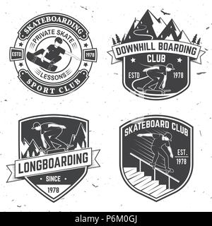 Jeu de Skateboard club de badges. Vector illustration. Club de patinage d'emblèmes, signes et t-shirt design. Typographie vintage avec design skateboards, skate truck et un casque. Sport extrême. Illustration de Vecteur