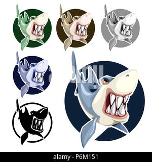 Mad shark découvre ses dents isolé sur fond blanc. Cartoon Vector illustration close-up. Illustration de Vecteur