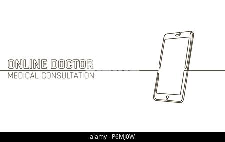 Docteur en médecine en ligne app applications mobiles. Diagnostic médecine santé numérique bannière concept. Une ligne de smartphone humain dessin croquis continue de la technologie vector illustration Illustration de Vecteur