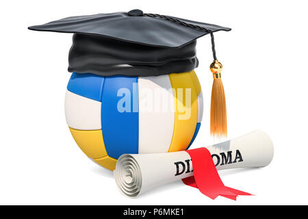 Volley-ball balle avec graduation cap et diplôme. Le rendu 3D isolé sur fond blanc Banque D'Images