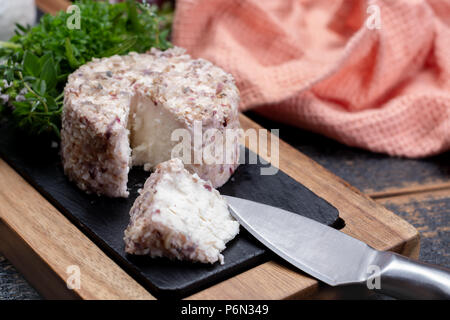 Les fromages français, variété de goûts différents fromages de lait de chèvre sur la plaque de granit naturel fermer jusqu'sesrved comme dessert Banque D'Images