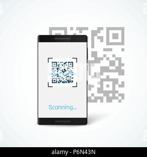 Avec l'app Téléphone scan QR code sur l'écran. Vector illustration isolé sur fond blanc Illustration de Vecteur