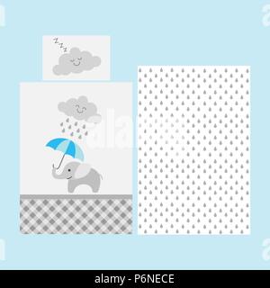 Mignon bébé motif drap - éléphant bleu avec des nuages de pluie parapluie sous Illustration de Vecteur