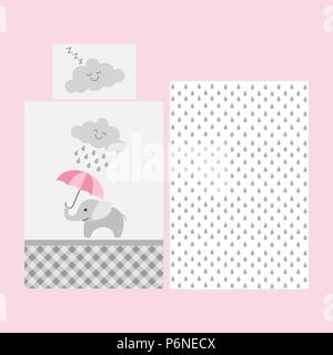 Mignon bébé motif drap - éléphant avec un parapluie rose sous les nuages de pluie Illustration de Vecteur