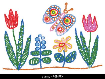 Style de dessin enfant Fleurs et papillon. Comme crayon de cire sur le graphique de vecteur séparés, colorable fond blanc. Les éléments peuvent être réorganisées. Illustration de Vecteur