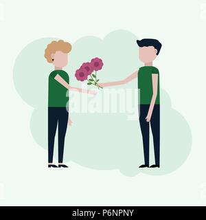 Guy donne la fille fleurs, vector illustration sur fond bleu turquoise Illustration de Vecteur