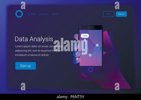 La technologie mobile hi tech futuriste concept. L'analyse des tendances du marché sur smartphone Avec diagramme linéaire. Maintenir le téléphone à la main. Infographie conception statistique, Illustration de Vecteur