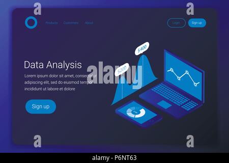 Analyse d'affaires futuriste concept. L'analyse des tendances du marché sur un ordinateur portable avec des tableaux et des graphiques. Les données d'analyse et d'investissement. La réussite de l'entreprise. 3d'isom Illustration de Vecteur