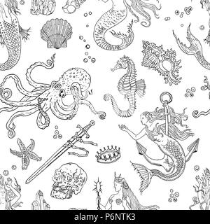 Fantasy Vintage motif transparent nautique : sirène, trésors sous-marins, le poulpe, shell, étoiles, anchor, noyé épée, couronne, crâne, cristal, cheval de mer. Retro style tatouage illustration dessiné à la main. Illustration de Vecteur