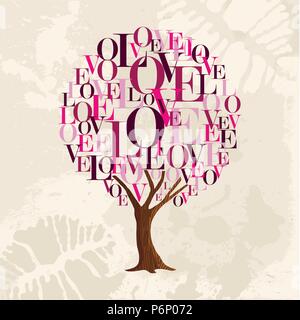 L'arbre de l'amour faite avec la couleur rose sur la typographie vintage texture background de rouge à lèvres baiser. Concept illustration pour la Saint-Valentin souhaits ou romantique Illustration de Vecteur