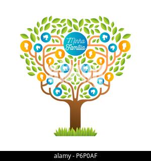 Arbre généalogique famille grand modèle dans la langue portugaise, illustration concept avec icônes personnes et coloré feuilles vertes pour la vie des générations futures l'histoire. EPS10 Illustration de Vecteur