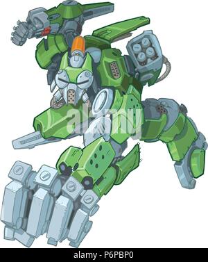 Vector cartoon clip art illustration d'un robot humanoïde soldat vert mascot du saut et du lancer d'un poinçon dans un style bande dessinée manga. Une des lignes Illustration de Vecteur